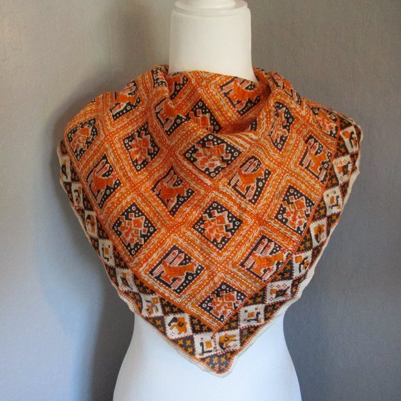 Vintage Accessories - 1960's orange geometric  silk scarf